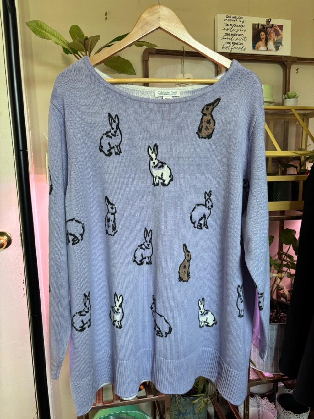 Coldwater Creek Lilac Bunny Print Crewneck Sweater
